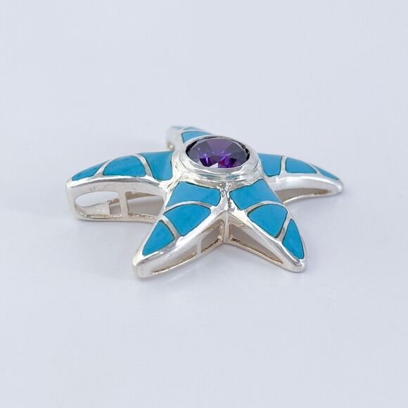 Vintage Sterling Silver 925 Amethyst and Turquoise Starfish Pendant - Picture 3 of 6